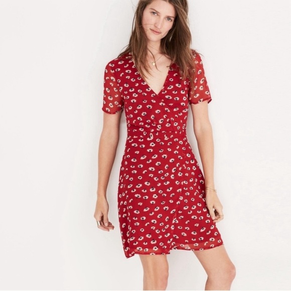 Madewell Wrap Front Mini Dress Red Seattle Floral Women's Size 8 Flowy V-Neck - Picture 2 of 8